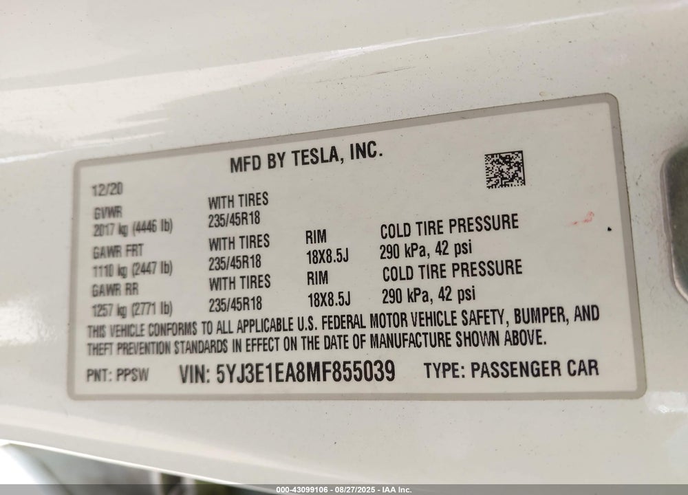 2021 TESLA MODEL 3 VIN: 5YJ3E1EA8MF855039