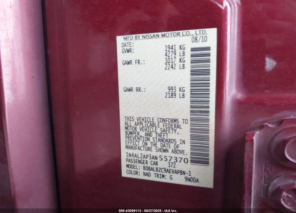 2010 NISSAN ALTIMA VIN: 1N4AL2AP3AN557370