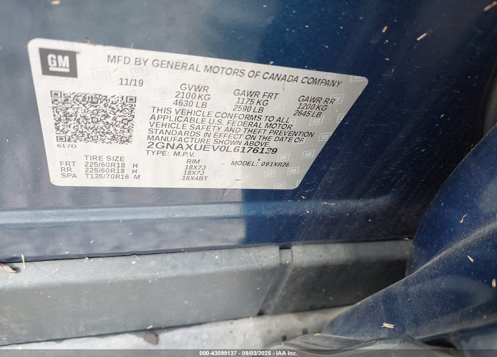 2020 CHEVROLET EQUINOX VIN: 2GNAXUEV0L6176139