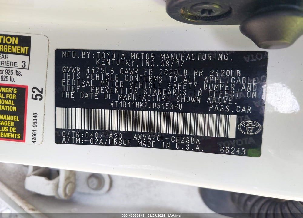 2018 TOYOTA CAMRY VIN: 4T1B11HK7JU515360