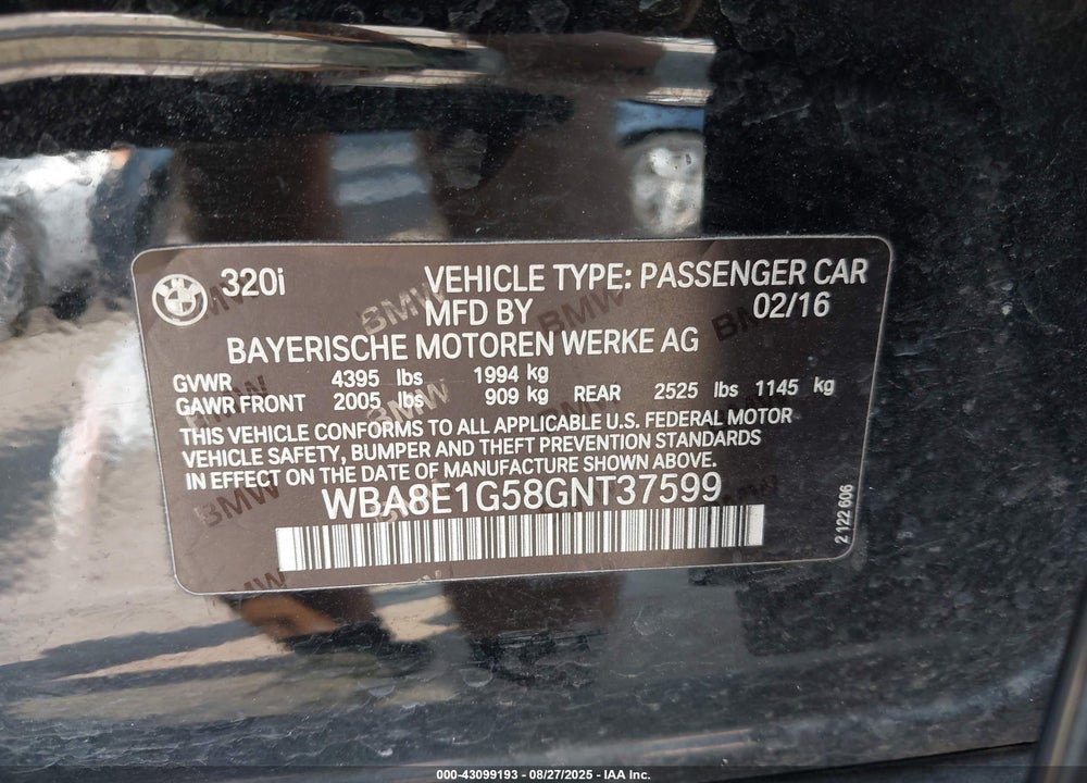 2016 BMW 3 SERIES VIN: WBA8E1G58GNT37599