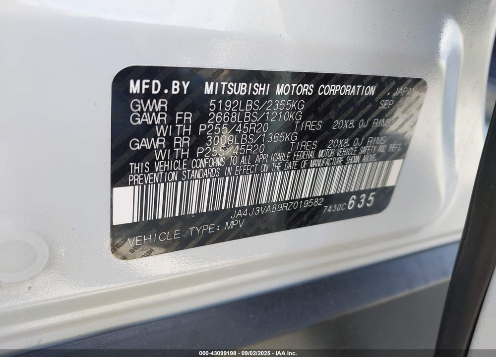 2024 MITSUBISHI OUTLANDER SE 2.5 2WD VIN: JA4J3VA89RZ019582