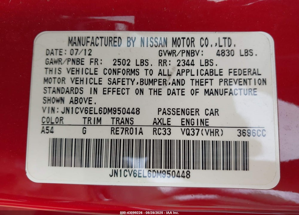 2013 INFINITI G37 VIN: JN1CV6EL6DM950448