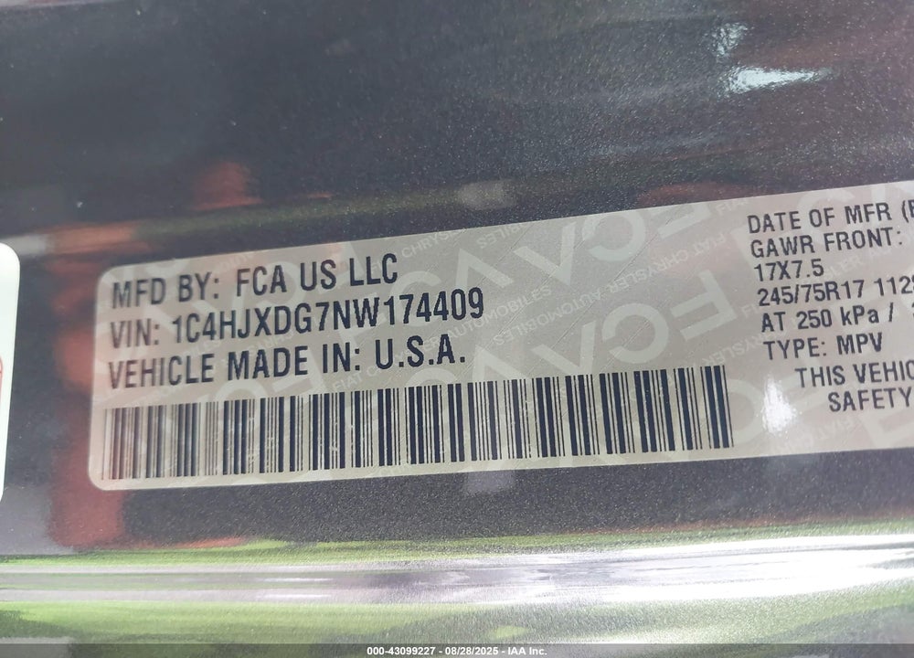 2022 JEEP WRANGLER UNLIMITED VIN: 1C4HJXDG7NW174409