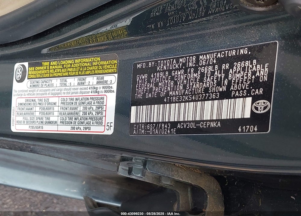2004 TOYOTA CAMRY LE VIN: 4T1BE32K54U377363