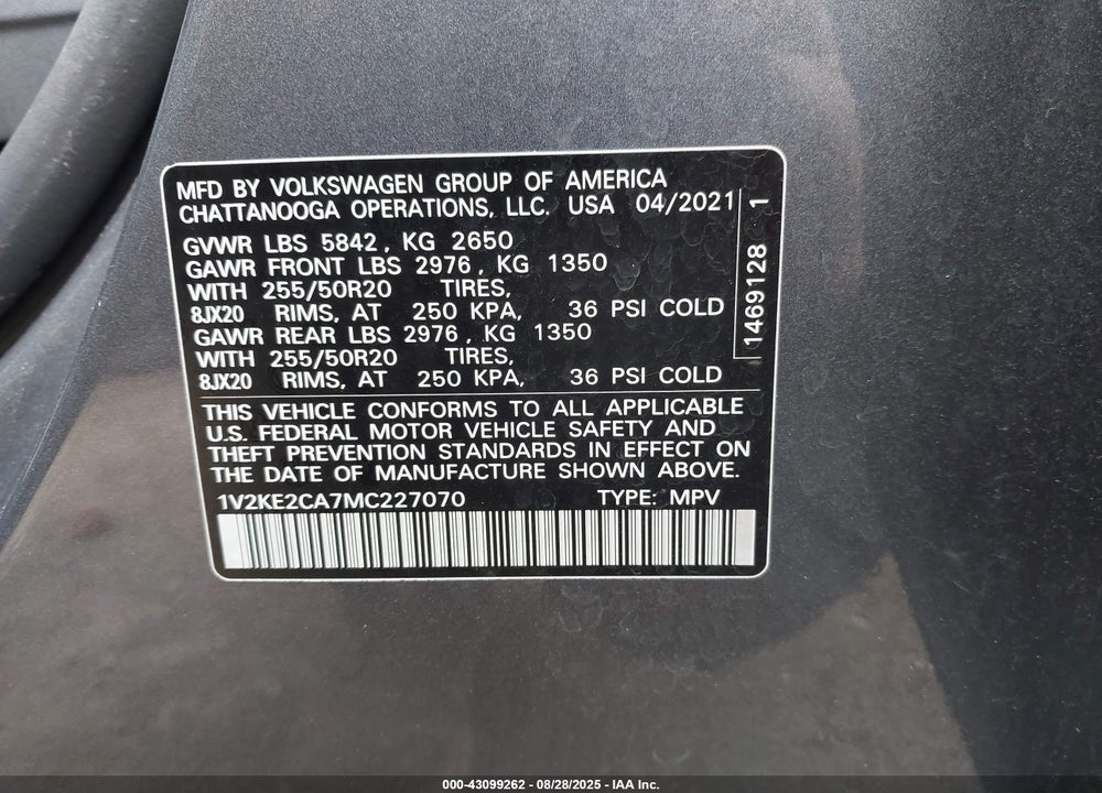2021 VOLKSWAGEN ATLAS CROSS SPORT VIN: 1V2KE2CA7MC227070