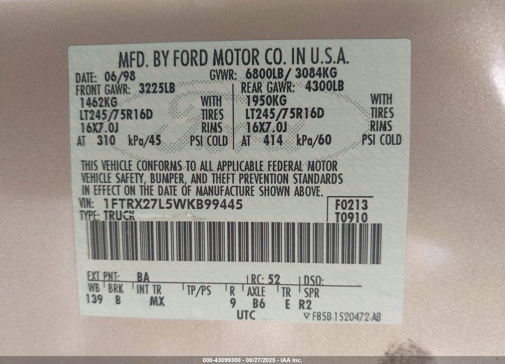 1998 FORD F-250 LARIAT/STANDARD/XL/XLT VIN: 1FTRX27L5WKB99445