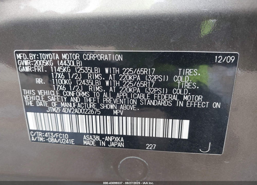 2010 TOYOTA RAV4 VIN: JTMZF4DV2AD022675