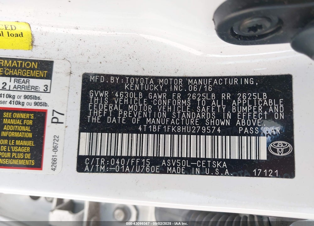 2017 TOYOTA CAMRY VIN: 4T1BF1FK8HU279574