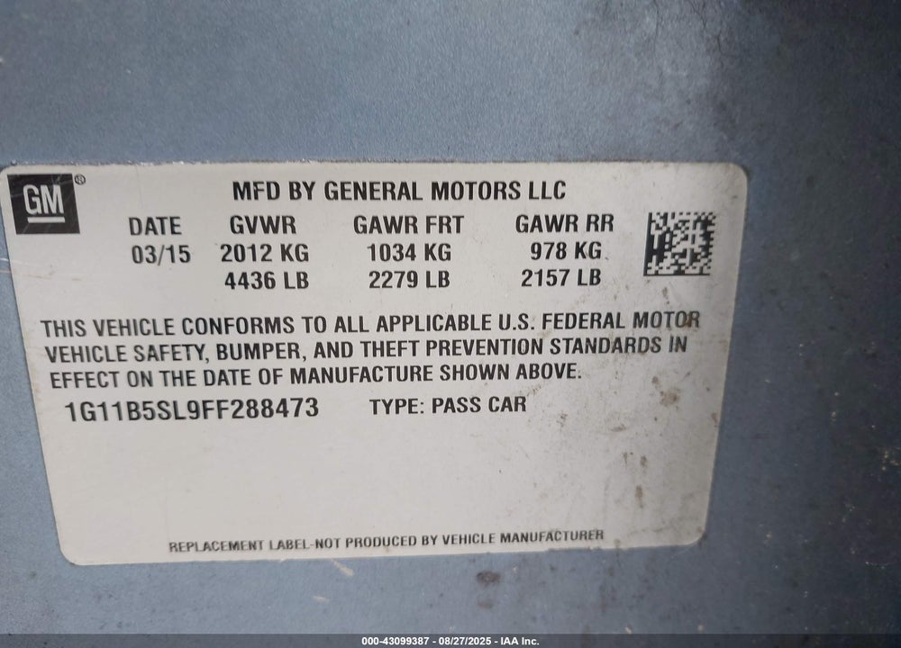 2015 CHEVROLET MALIBU VIN: 1G11B5SL9FF288473