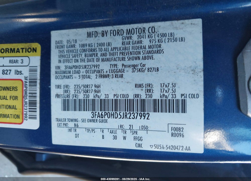 2018 FORD FUSION SE VIN: 3FA6P0HD5JR237992