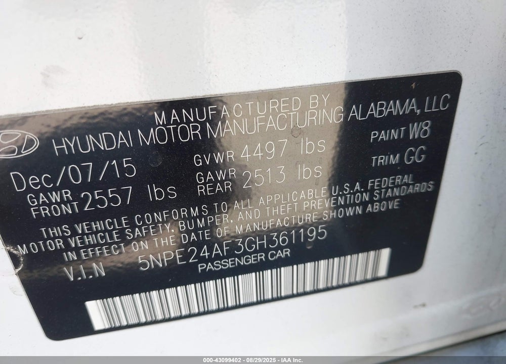 2016 HYUNDAI SONATA SE VIN: 5NPE24AF3GH361195