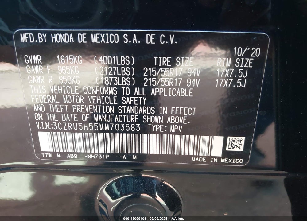 2021 HONDA HR-V VIN: 3CZRU5H55MM703583