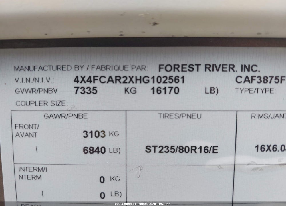 2017 FOREST RIVER OTHER VIN: 4X4FCAR2XHG102561