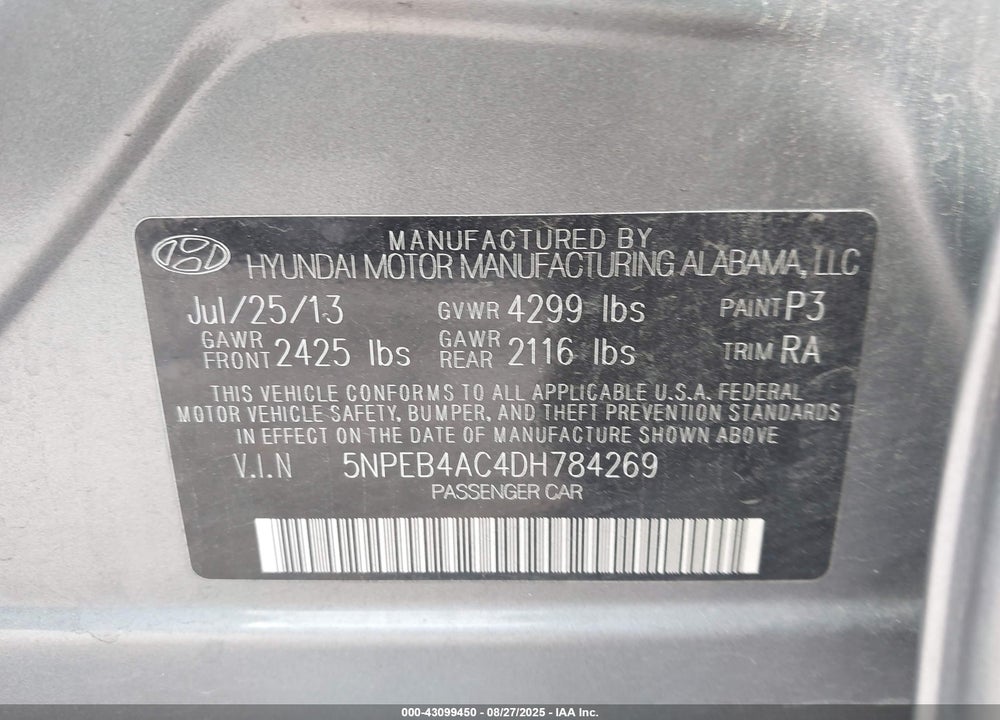 2013 HYUNDAI SONATA VIN: 5NPEB4AC4DH784269