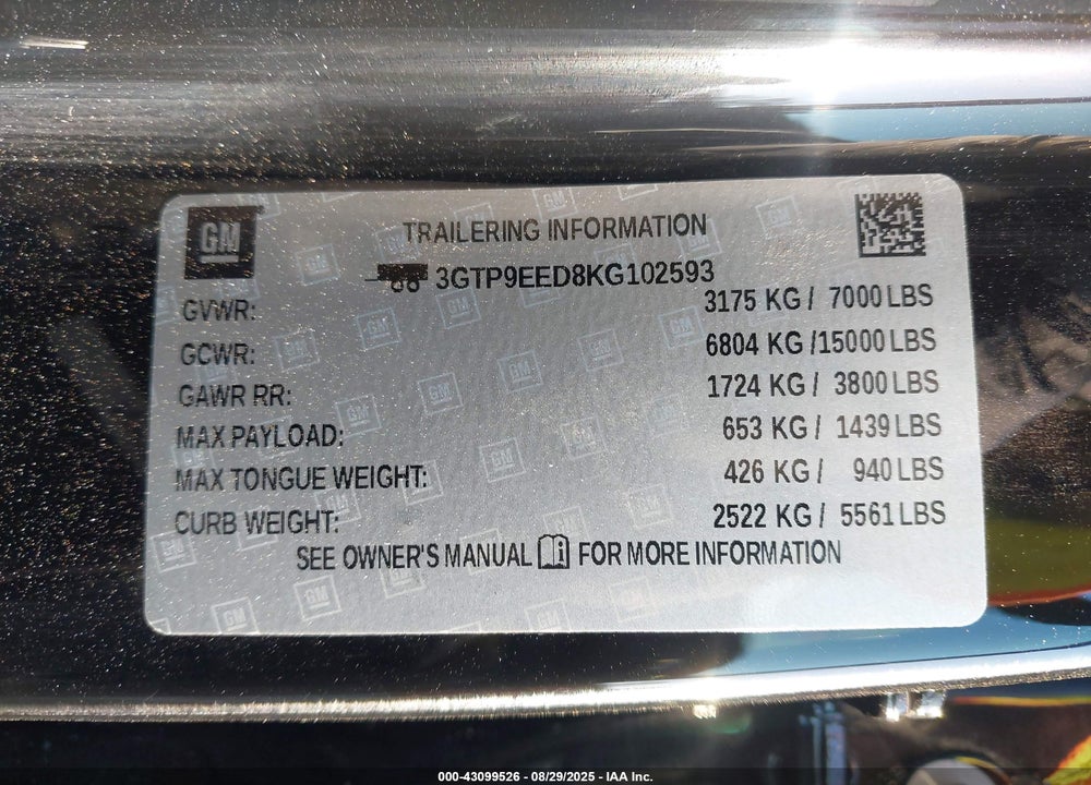 2019 GMC SIERRA 1500 AT4 VIN: 3GTP9EED8KG102593