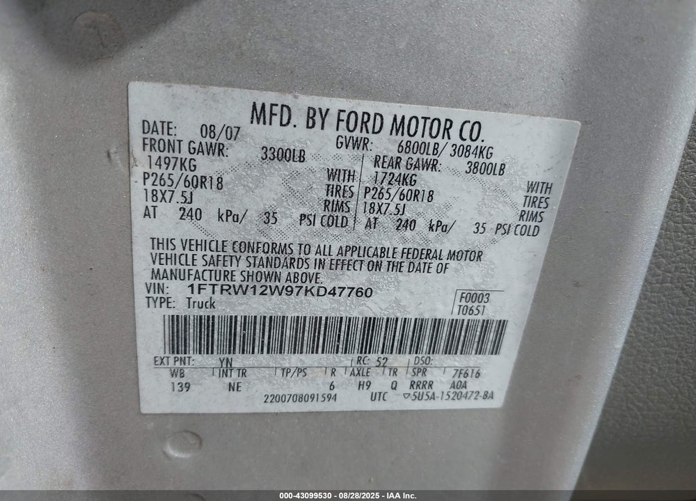 2007 FORD F-150 XLT VIN: 1FTRW12W97KD47760
