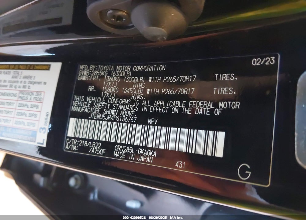 2023 TOYOTA 4RUNNER VIN: JTENU5JR4P6136767
