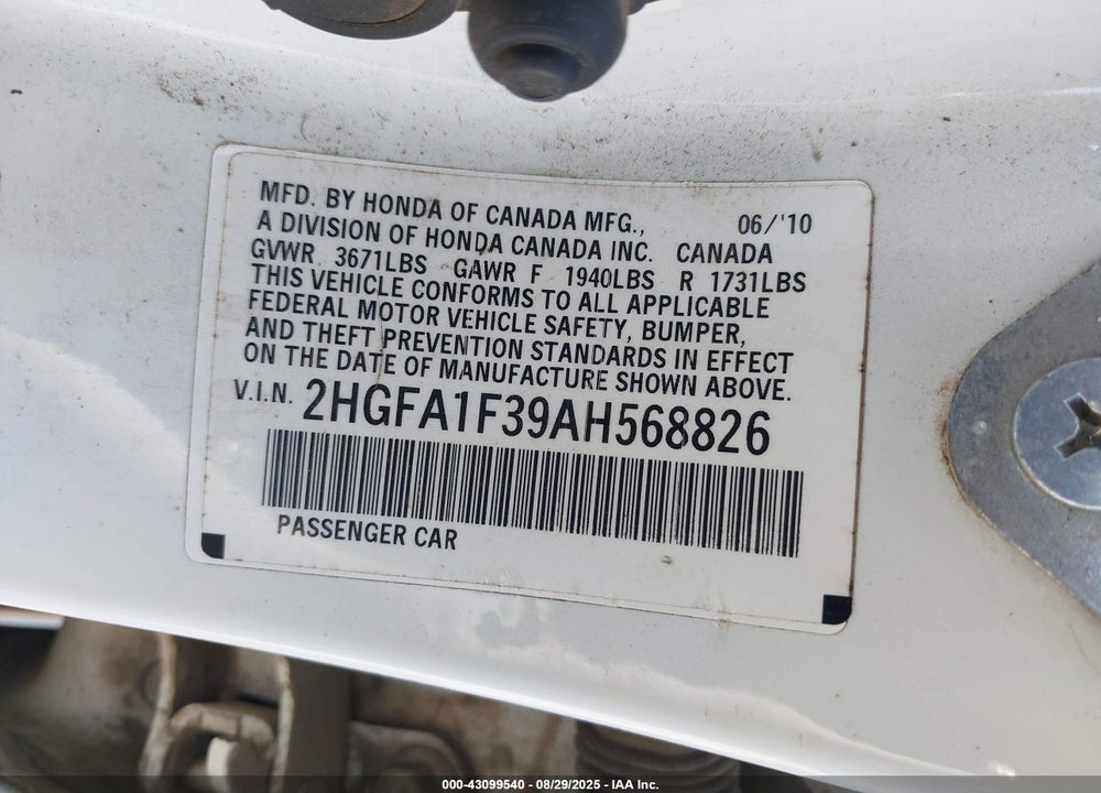 2010 HONDA CIVIC VP VIN: 2HGFA1F39AH568826