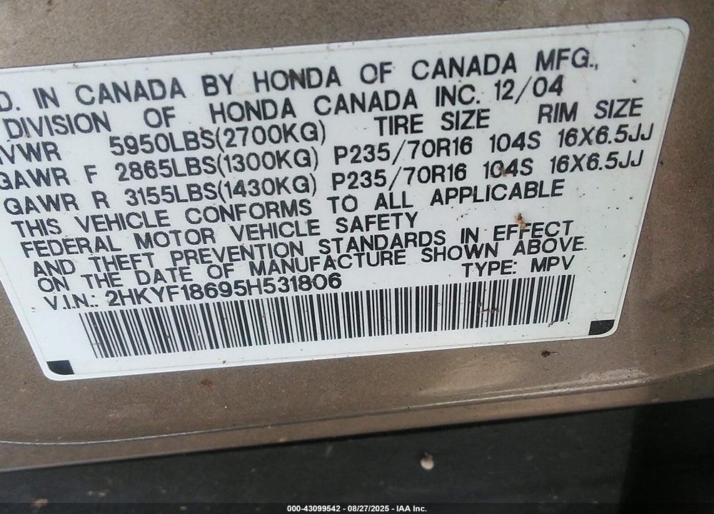2005 HONDA PILOT EX-L VIN: 2HKYF18695H531806