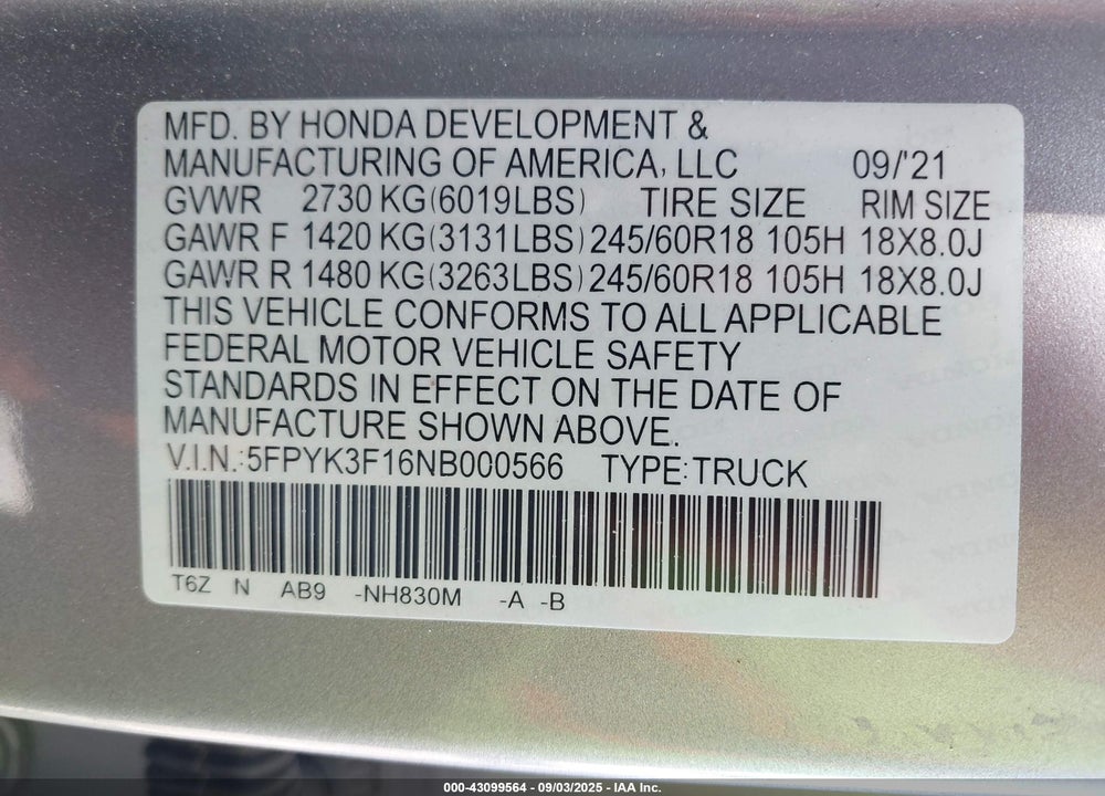 2022 HONDA RIDGELINE VIN: 5FPYK3F16NB000566
