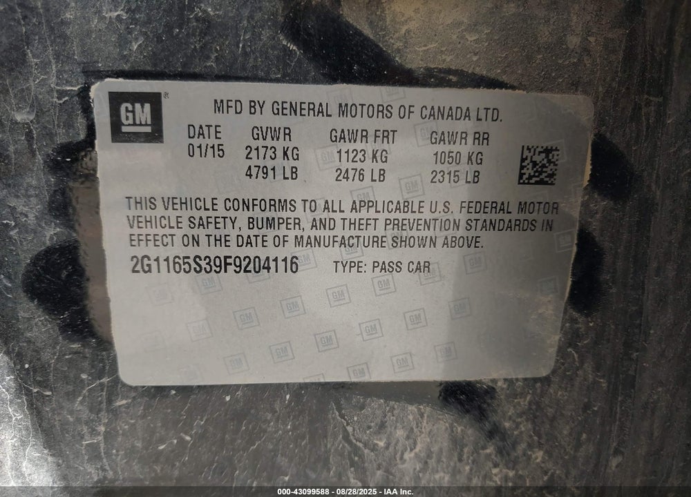 2015 CHEVROLET IMPALA VIN: 2G1165S39F9204116