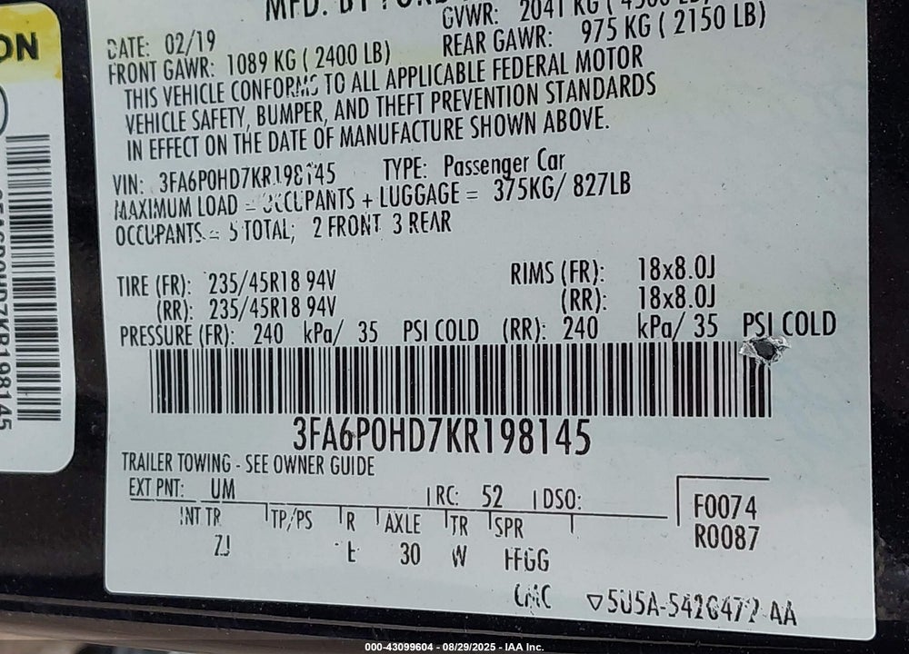 2019 FORD FUSION VIN: 3FA6P0HD7KR198145