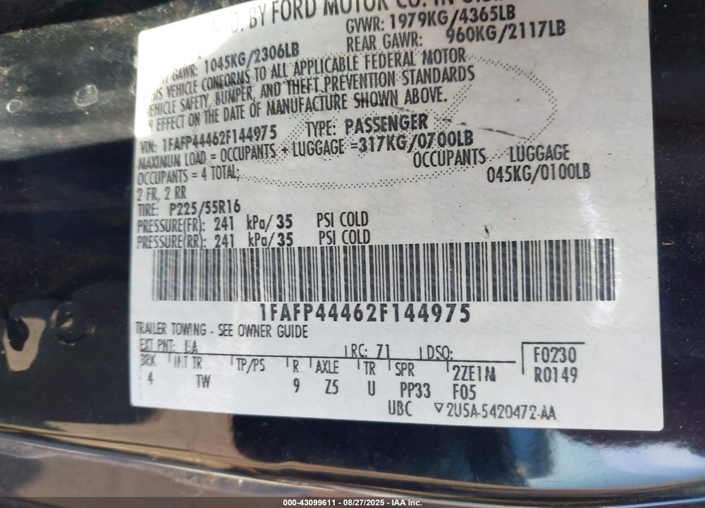 2002 FORD MUSTANG VIN: 1FAFP44462F144975