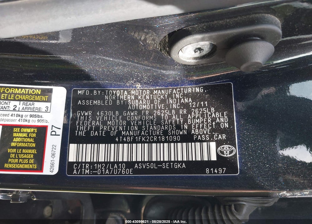 2012 TOYOTA CAMRY XLE VIN: 4T4BF1FK2CR181090