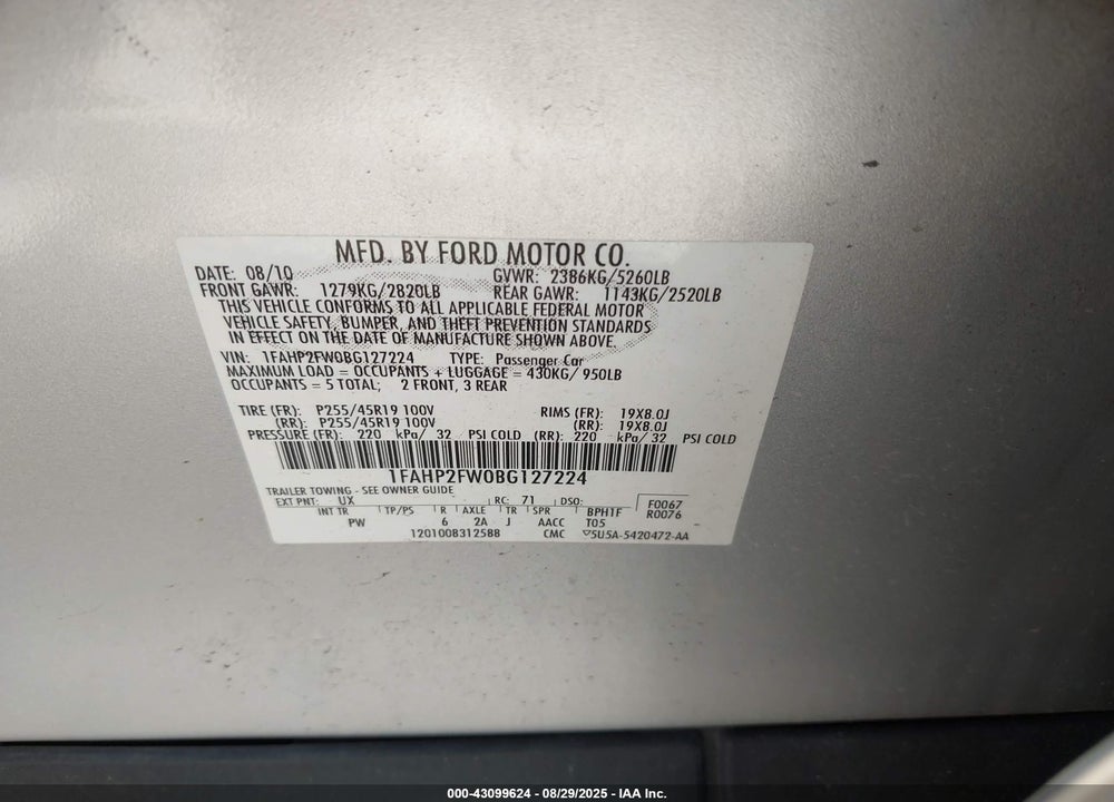 2011 FORD TAURUS VIN: 1FAHP2FW0BG127224
