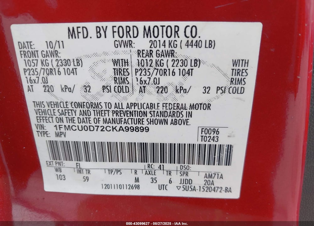 2012 FORD ESCAPE XLT VIN: 1FMCU0D72CKA99899