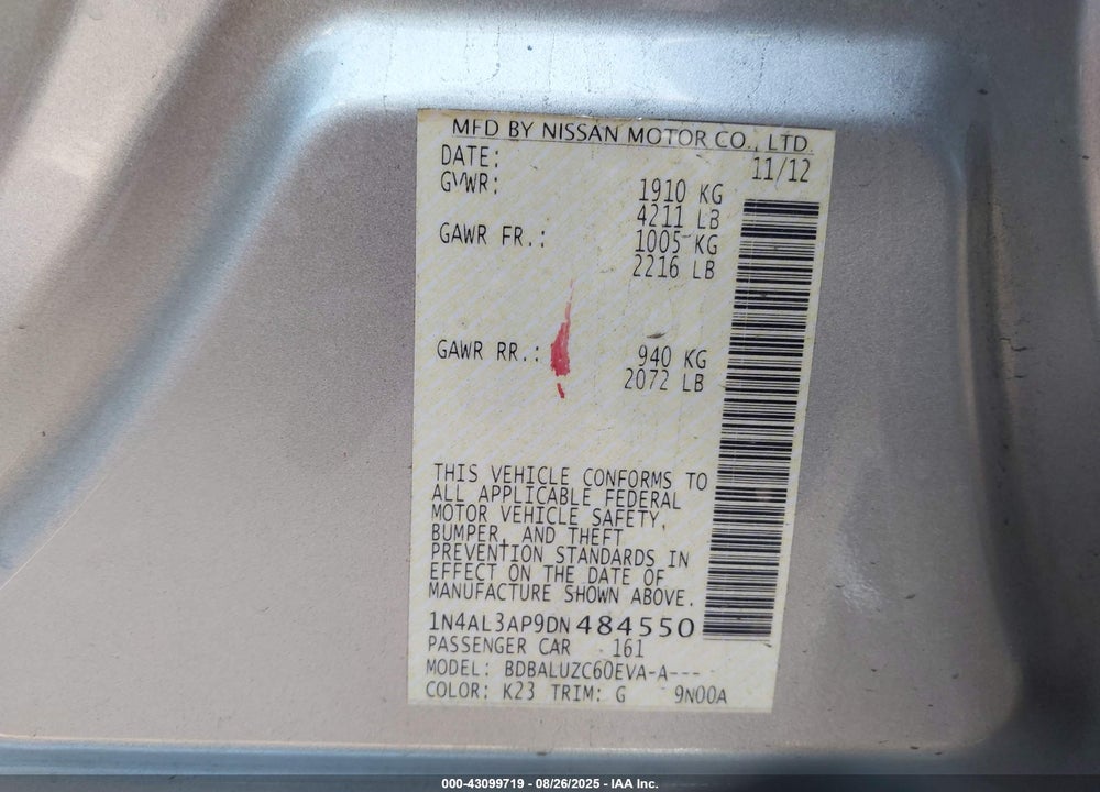 2013 NISSAN ALTIMA VIN: 1N4AL3AP9DN484550