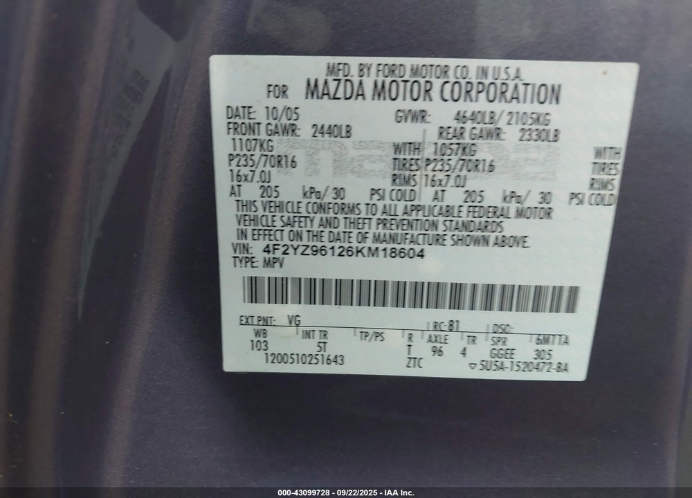 2006 MAZDA TRIBUTE S VIN: 4F2YZ96126KM18604