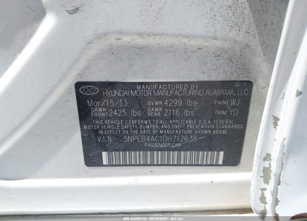 2013 HYUNDAI SONATA VIN: 5NPEB4AC1DH712638