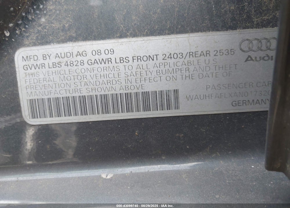 2010 AUDI A4 VIN: WAUHFAFLXAN017320