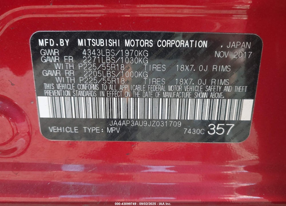 2018 MITSUBISHI OUTLANDER SPORT VIN: JA4AP3AU9JZ031709