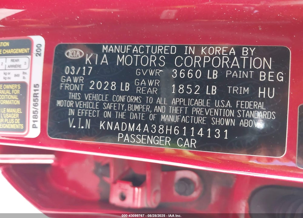2017 KIA RIO VIN: KNADM4A38H6114131