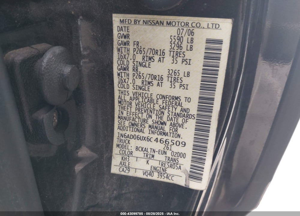 2006 NISSAN FRONTIER SE VIN: 1N6AD06UX6C466509