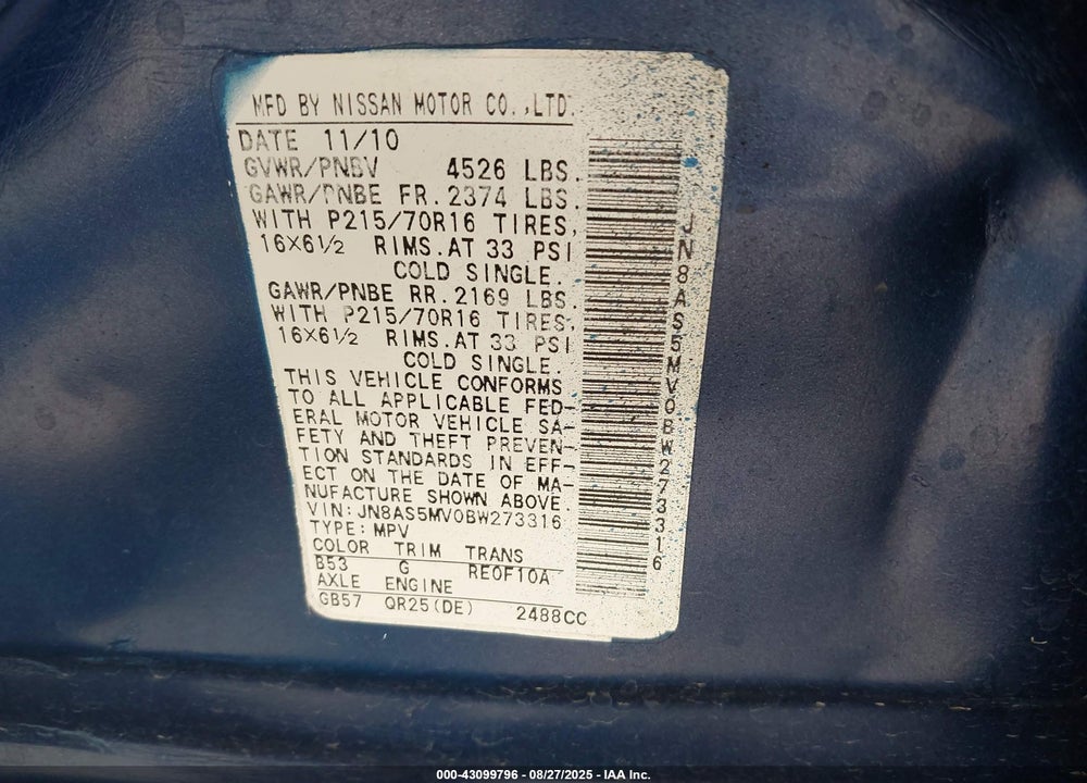 2011 NISSAN ROGUE VIN: JN8AS5MV0BW273316