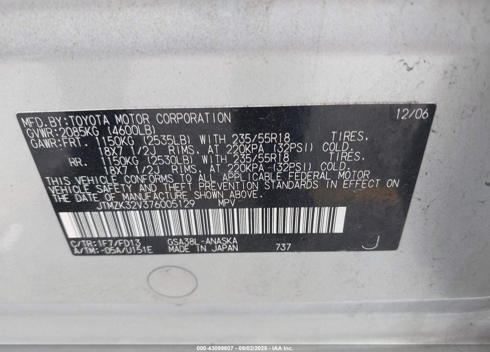 2007 TOYOTA RAV4 VIN: JTMZK32V376005129