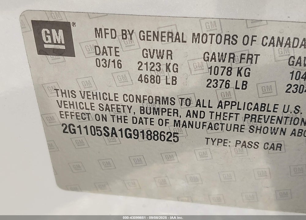 2016 CHEVROLET IMPALA VIN: 2G1105SA1G9188625