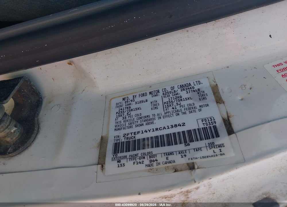 1994 FORD F150 VIN: 2FTEF14Y1RCA13842