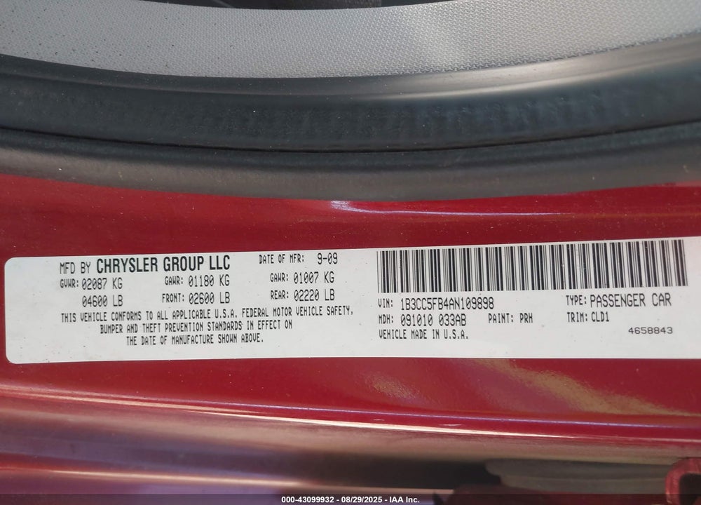 2010 DODGE AVENGER VIN: 1B3CC5FB4AN109898