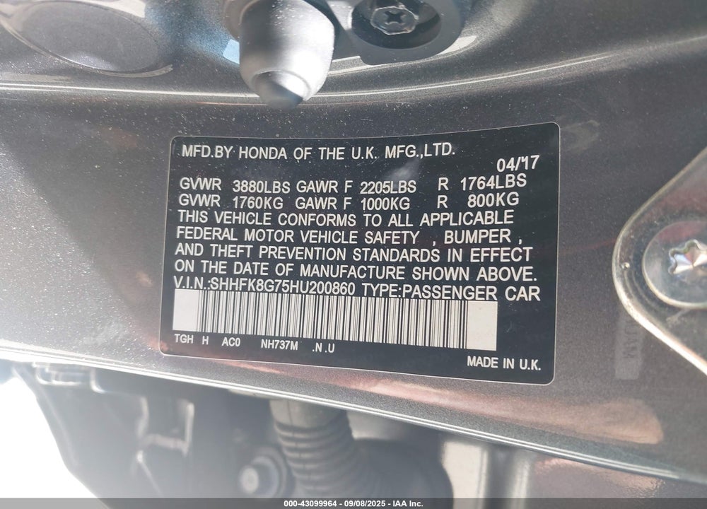 2017 HONDA CIVIC TYPE-R TOURING VIN: SHHFK8G75HU200860