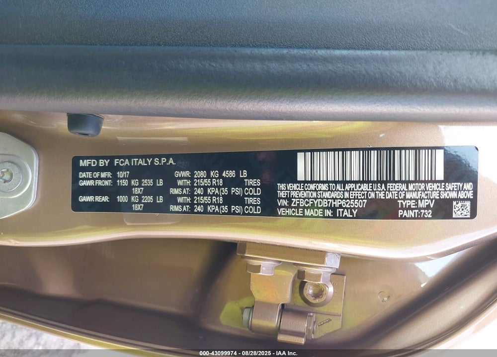 2017 FIAT 500X VIN: ZFBCFYDB7HP625507