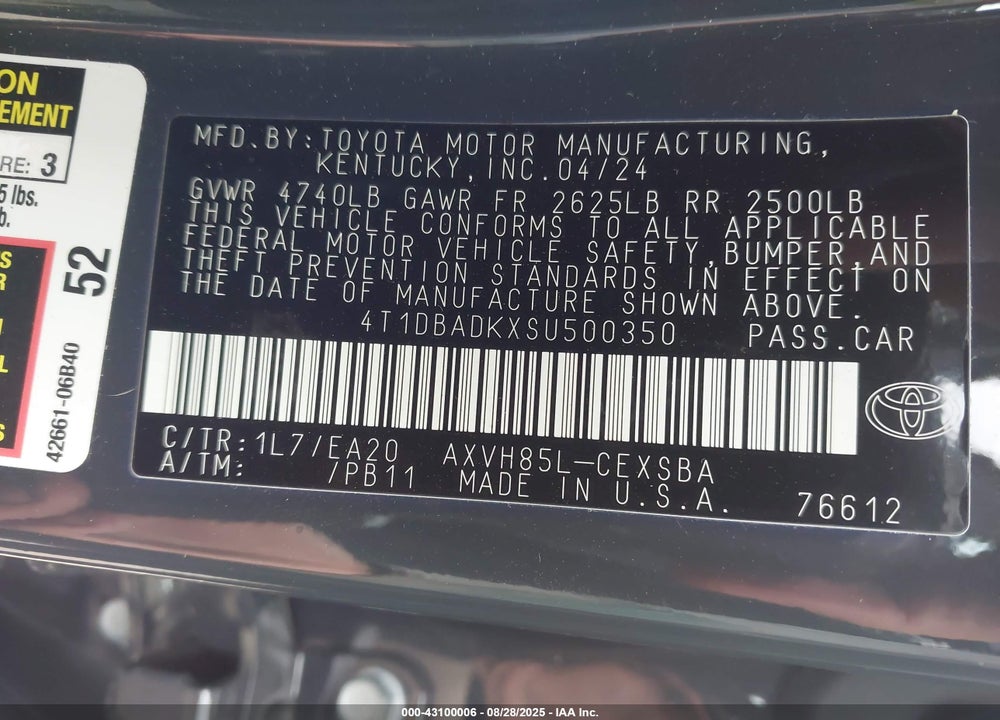 2025 TOYOTA CAMRY VIN: 4T1DBADKXSU500350