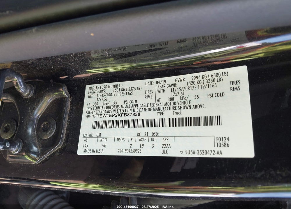 2019 FORD F-150 VIN: 1FTEW1EP2KFB87838