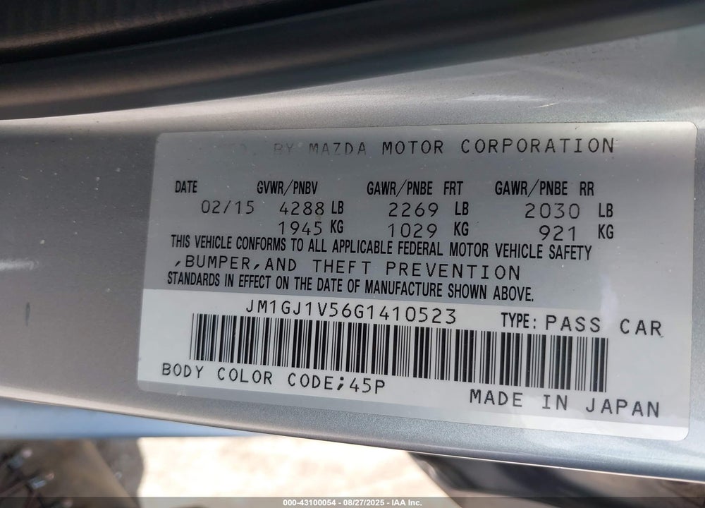 2016 MAZDA 6 VIN: JM1GJ1V56G1410523