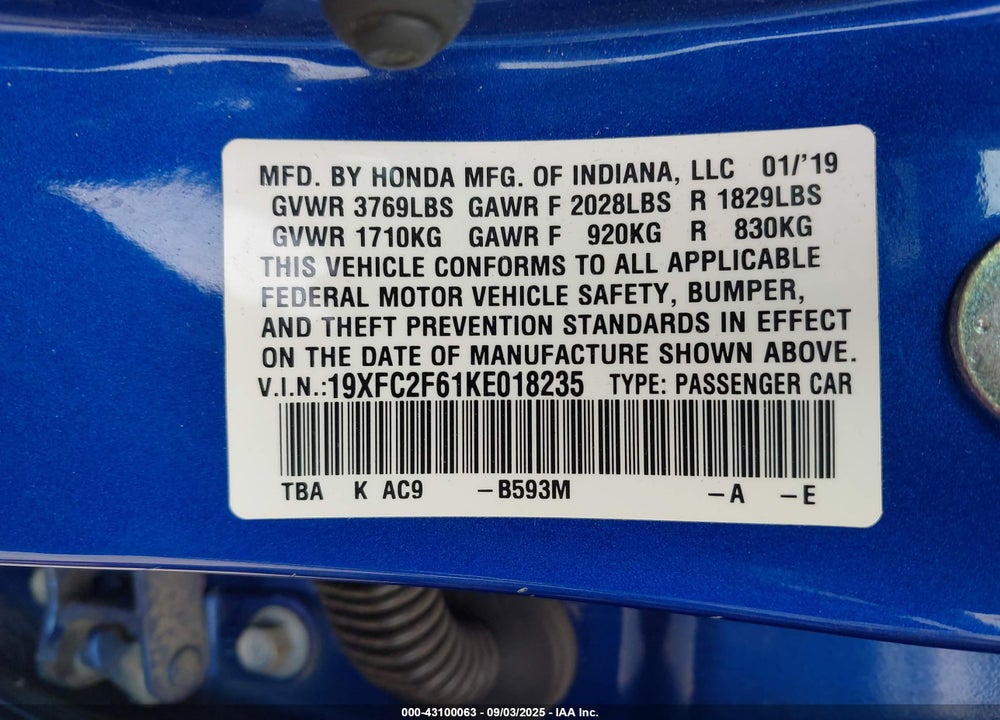 2019 HONDA CIVIC VIN: 19XFC2F61KE018235