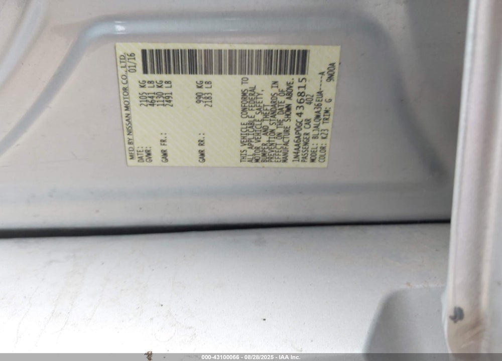 2016 NISSAN MAXIMA VIN: 1N4AA6AP0GC436815